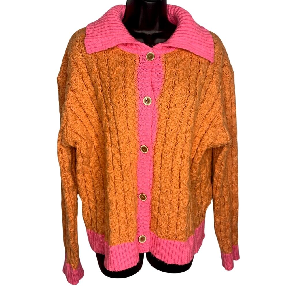 Miss Sparkling Large Button-down Cable Knit Sweater Pink Orange